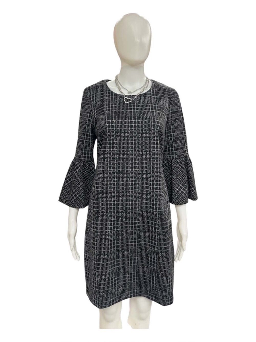 Calvin Klein Black and White Plaid Bell-Sleeve Shift Dress Size M